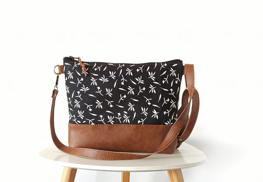 Canvas and Vegan Leather crossbody Bag- Tiny Garden print