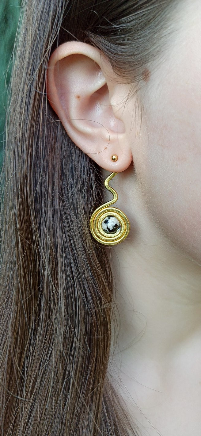 Agate spiral ear jacket earrings in gold and silver