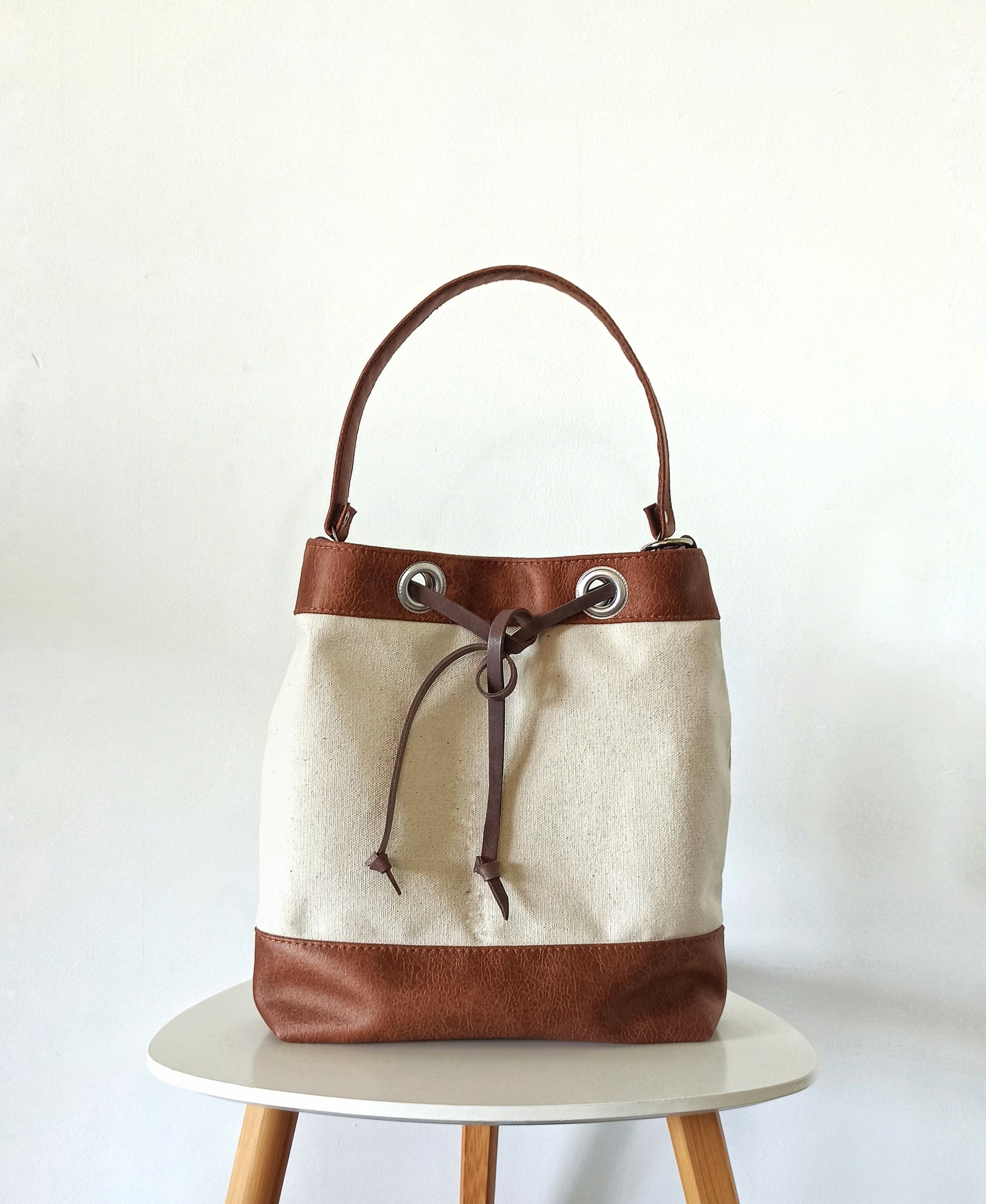 Hobo shoulder bucket bag, Canvas and vegan leather in cream and brown