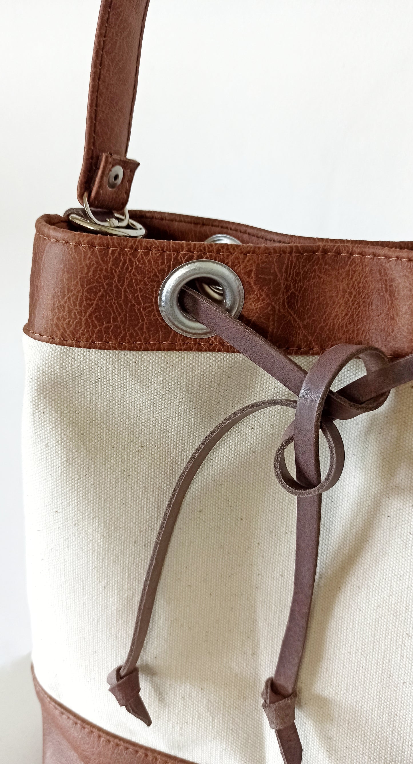 Hobo shoulder bucket bag, Canvas and vegan leather in cream and brown