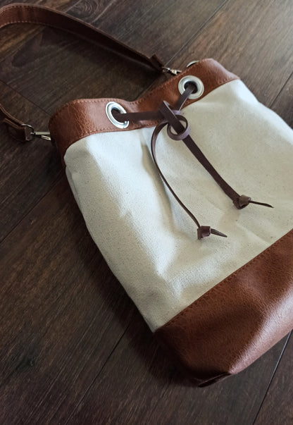 Hobo shoulder bucket bag, Canvas and vegan leather in cream and brown