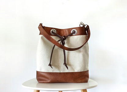 Hobo shoulder bucket bag, Canvas and vegan leather in cream and brown