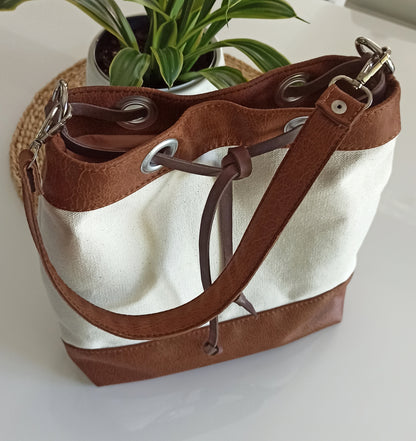 Hobo shoulder bucket bag, Canvas and vegan leather in cream and brown