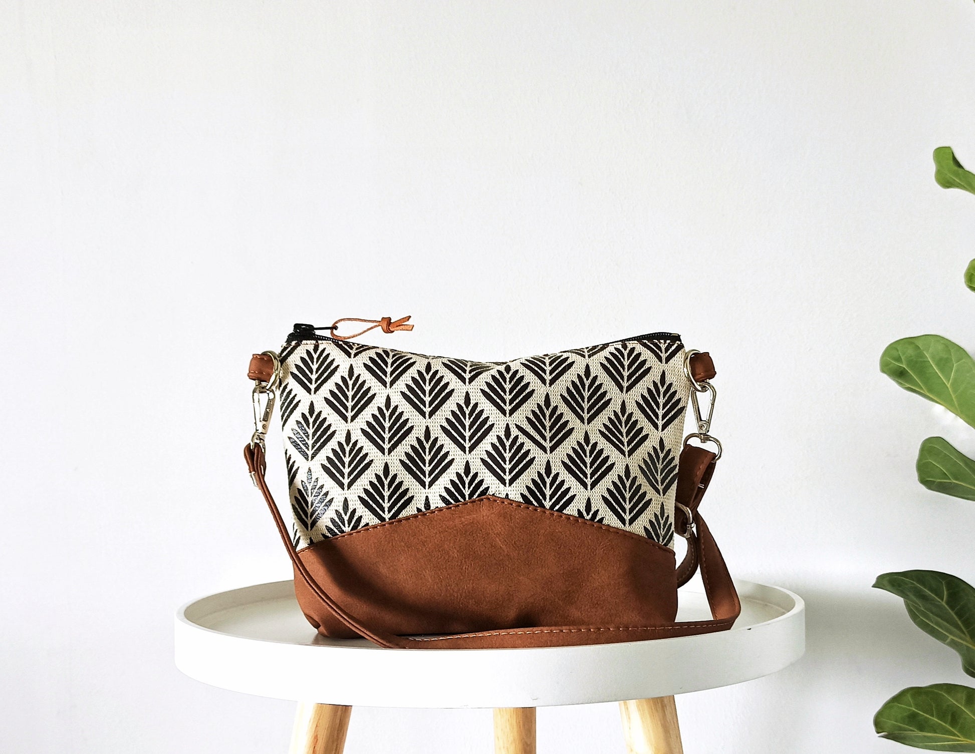 Canvas and vegan leather bag , crossbody purse. Lotus print