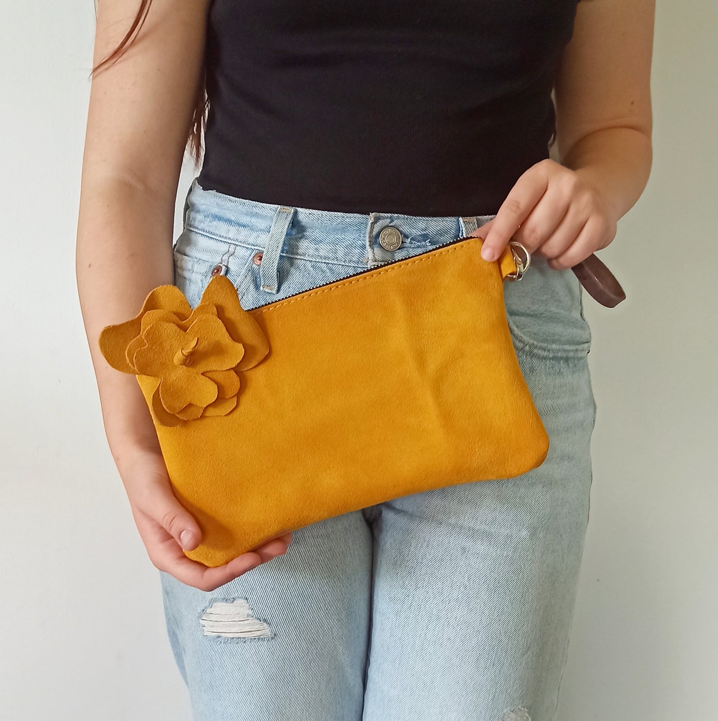 Suede leather clutch bag, Wristlet clutch purse Orange