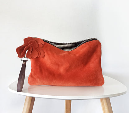 Suede leather clutch bag, Wristlet clutch purse Orange