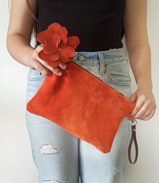 Suede leather clutch bag, Wristlet clutch purse Orange