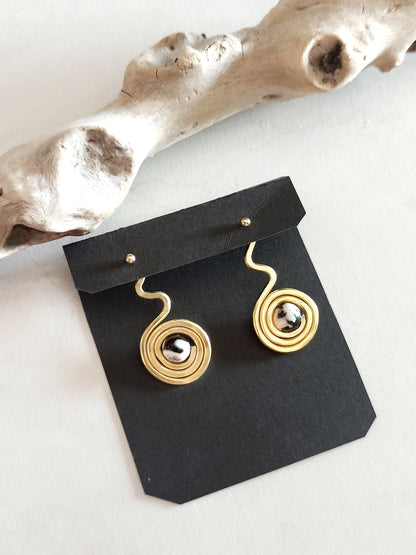 Agate spiral ear jacket earrings in gold and silver