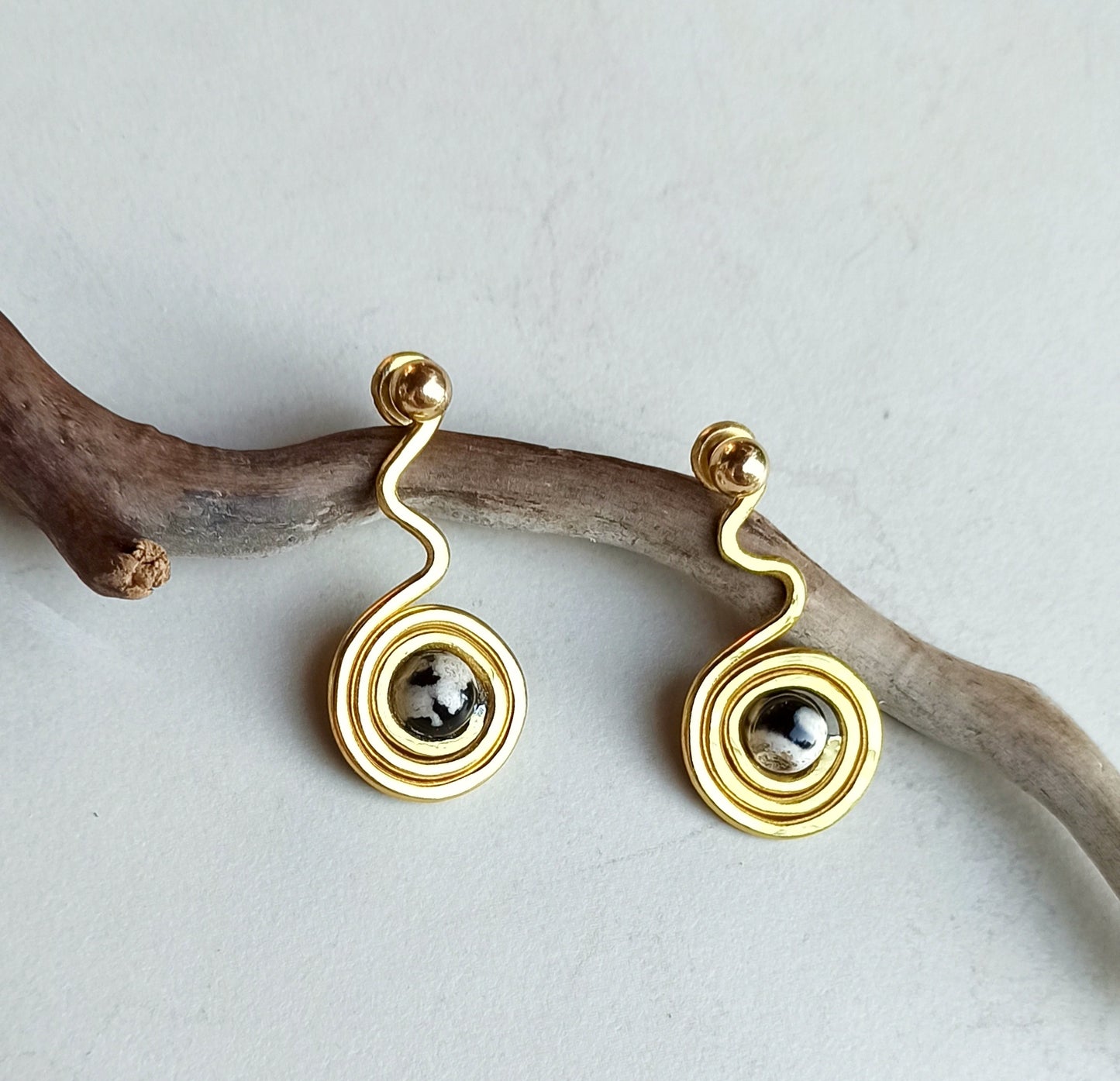 Agate spiral ear jacket earrings in gold and silver