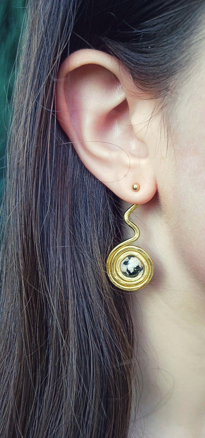 Agate spiral ear jacket earrings in gold and silver