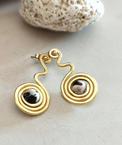 Agate spiral ear jacket earrings in gold and silver