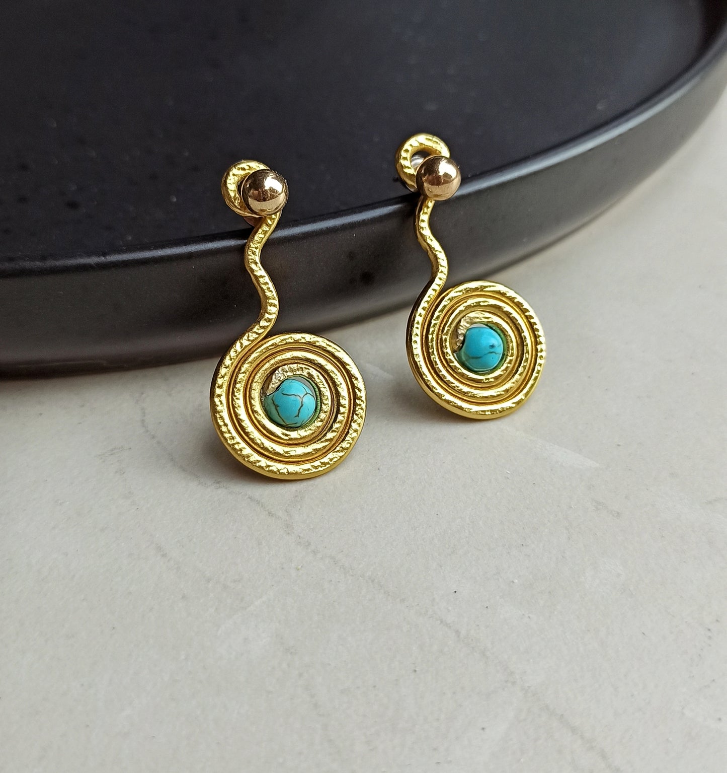 Turquoise spiral ear jacket earrings in gold and silver