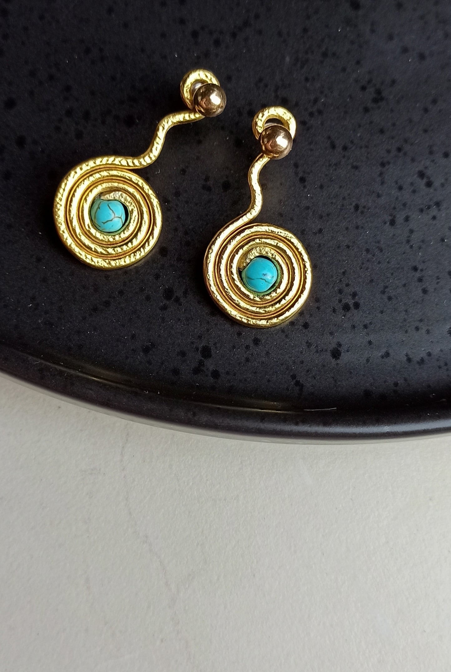 Turquoise spiral ear jacket earrings in gold and silver