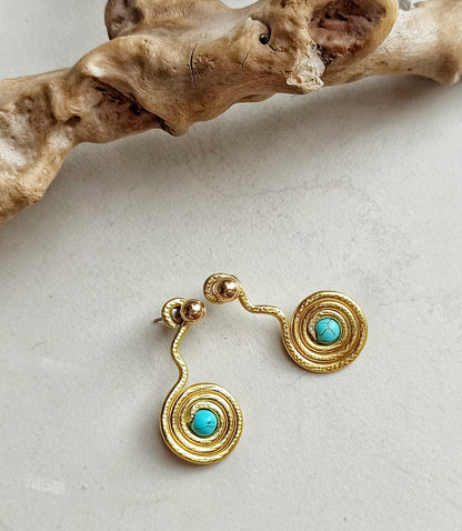 Turquoise spiral ear jacket earrings in gold and silver