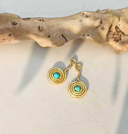 Turquoise spiral ear jacket earrings in gold and silver