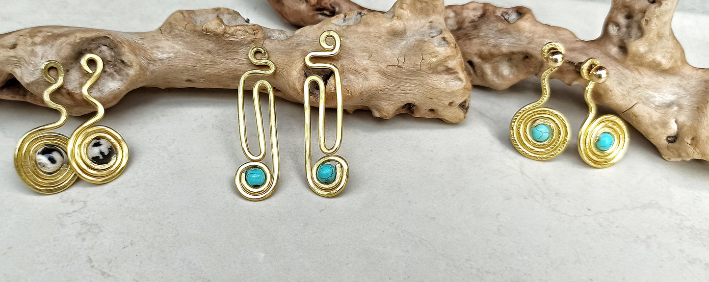 Agate spiral ear jacket earrings in gold and silver