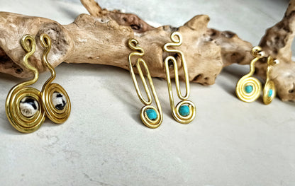 Turquoise spiral ear jacket earrings in gold and silver